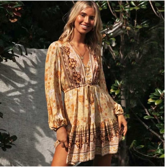 Boho Gypsy Floral print Tassel Dress Yellow Vneck - Picture 5 of 6